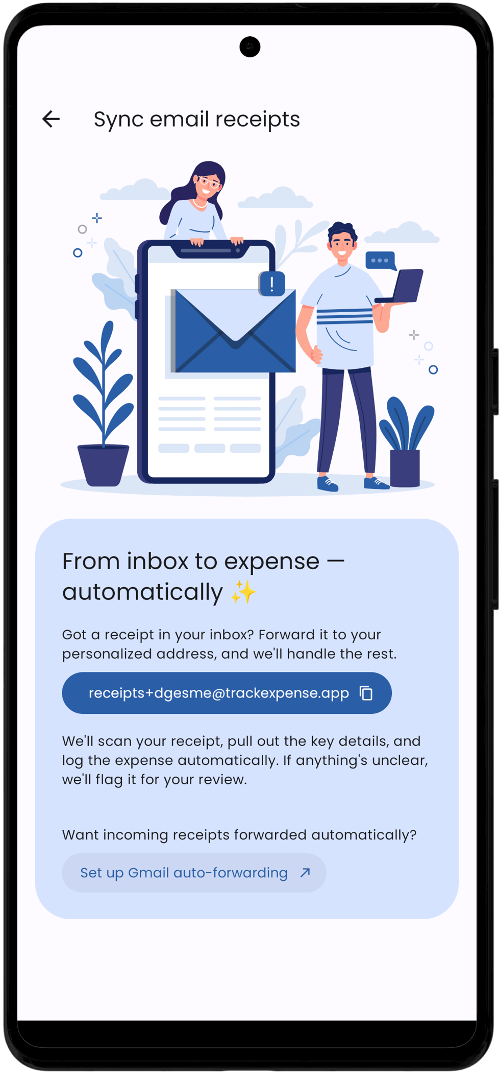 TrackExpense app email sync screenshot