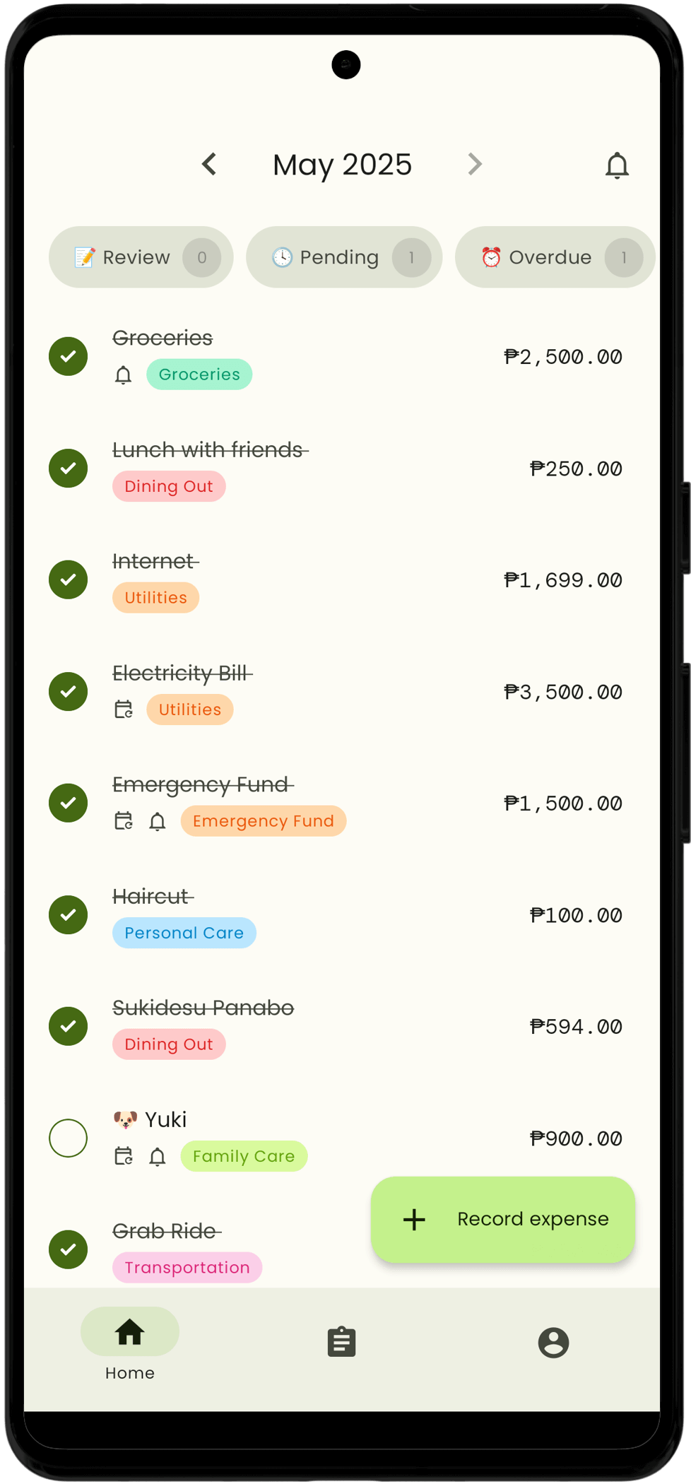 TrackExpense app home green theme screenshot
