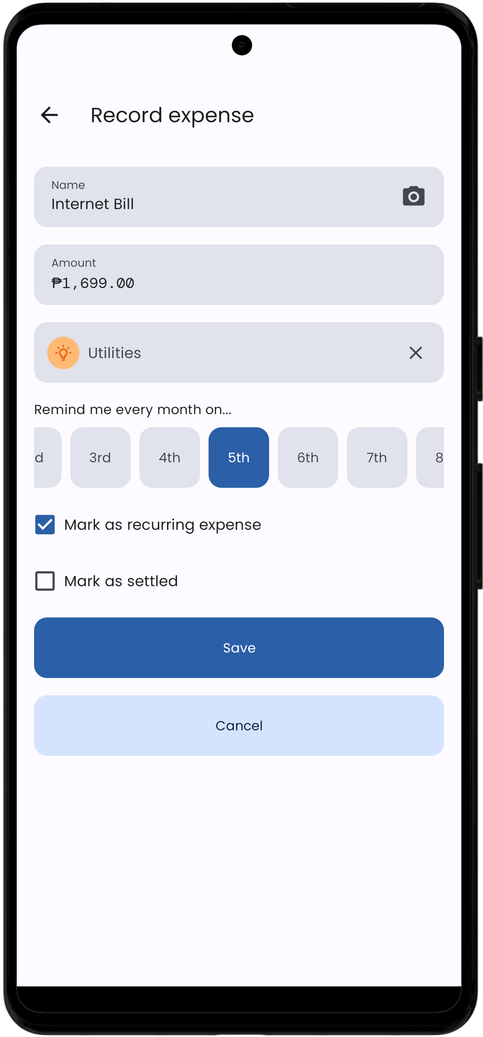 TrackExpense app record expense screenshot